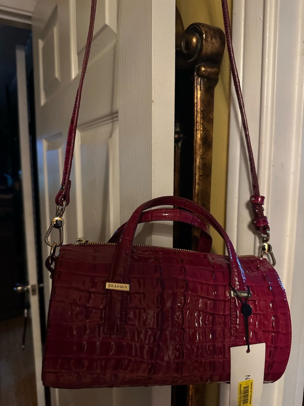 Brahmin Hot Pink Croc-Embossed Patent Satchel - Picture 4 of 5